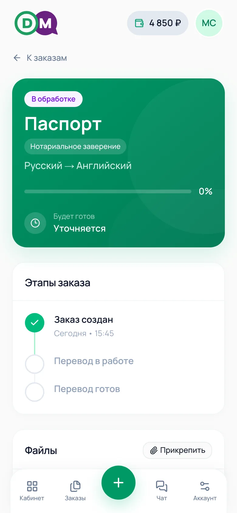 Этапы заказа: создан, в работе, готов